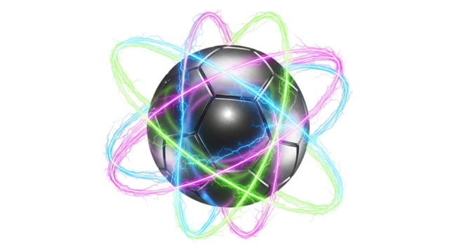 Metallic Soccer Ball, with Swirling Neon Energy Trails and Lightning Effects, isolated on a transparent background, cutout, PNG
