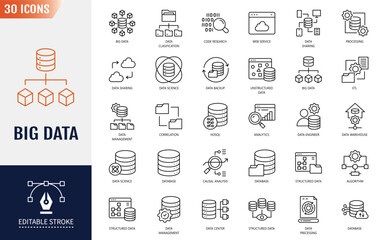 Big Data icon set. Database, data center, server, storage, hosting, and more. Editable stroke. Vector Illustration