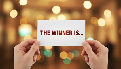 Hands holding a card that says 'The Winner Is...' against a blurred background.