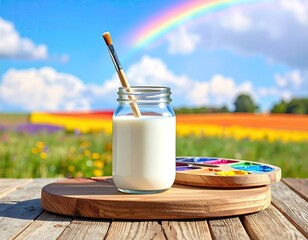 Brush in milk jar, paints, rainbow on wood