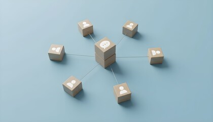 Wooden blocks with icons representing people and communication connected to a central block with a chat bubble icon, symbolizing networking and collaboration.