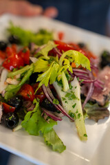 Fresh mixed salad served on a plate at a restaurant with colorful vegetables and greens
