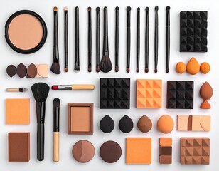Makeup spread; brushes, palettes, sponges on clean white