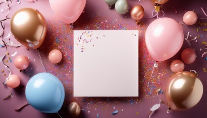 birthday celebration decorations with balloons and confetti arranged around a blank card ready for messages