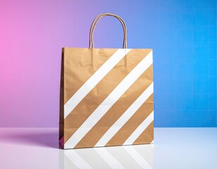 Striped craft bag on reflective surface, pink/blue gradient