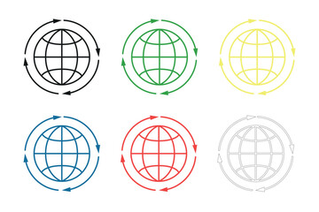 Colorful globe icons with rotation arrows and grid lines representing global connectivity