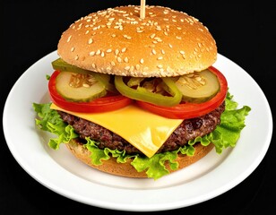 Cheeseburger on white plate. Lettuce, tomato, pickles