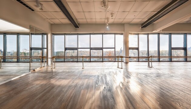 spacious contemporary dance hall with floor to ceiling windows and minimalist ballet barres