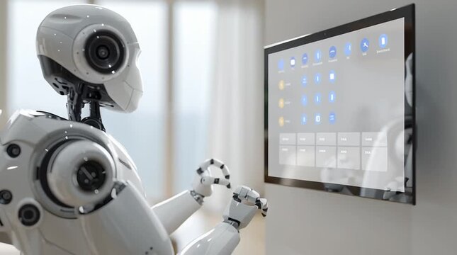 White humanoid robot sitting on a couch in a bright living room setting