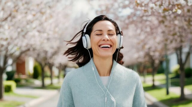 Smiling woman enjoying music with headphones in springtime