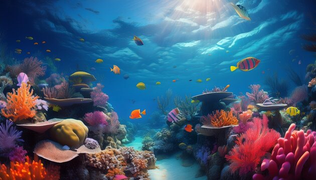 underwater coral reef landscape wide panorama background in the deep blue ocean with colorful fish and marine life