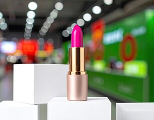Pink lipstick on white cubes, blurred store background