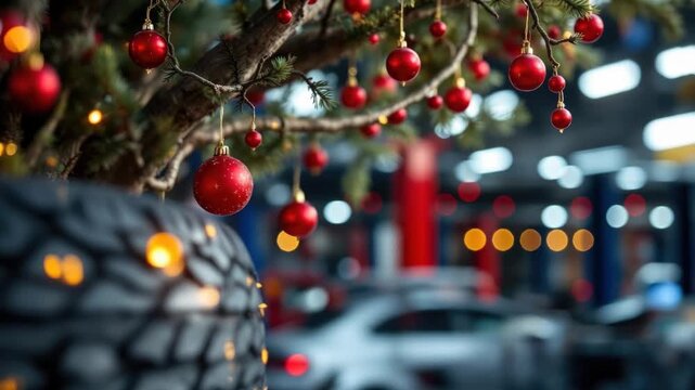 Festive car garage with christmas decorations and red baubles