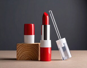 Red lipstick with cap off on block