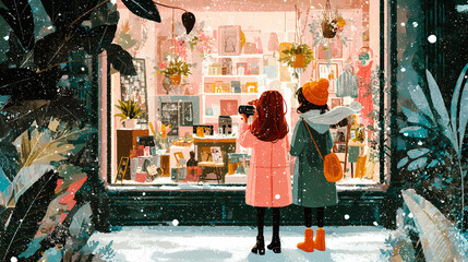 Two friends admire a shop window display on a snowy winter day. Two young teenager girls are captivated by the charming window display of a local shop, enjoying the winter season together Winter scene