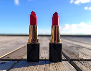 Two lipsticks, red, black/gold casing, wooden surface, bright sky
