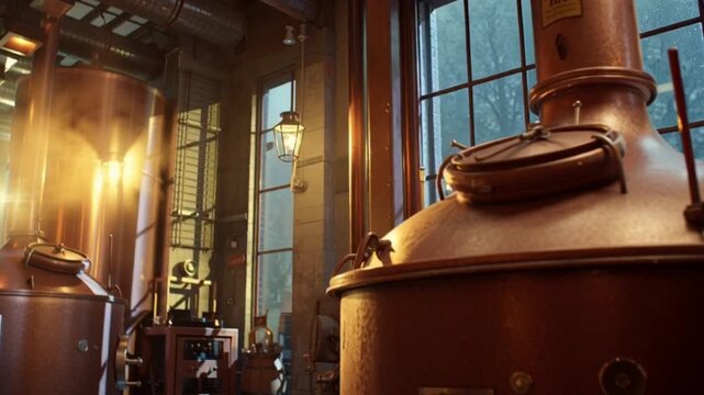 Cinematic Camera Walk Through an Ultra Modern Micro Brewery Showcasing Craft Beer Production, Stainless Steel Tanks, Artisanal Brewing Process, Rich Atmosphere and Immersive Industrial Aesthetic