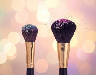 Glittery makeup brushes on bokeh background