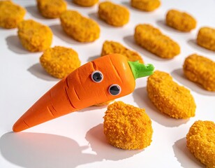Carrot with eyes among chicken nuggets