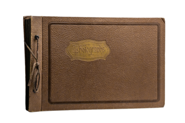 Photo album, vintage, brown, with lacing on the side, with gold letters on a transparent background.