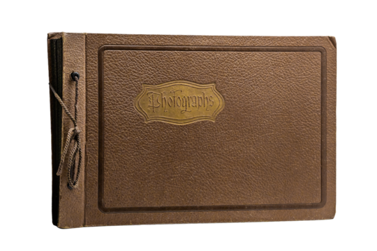 Photo album, vintage, brown, with lacing on the side, with gold letters on a transparent background.