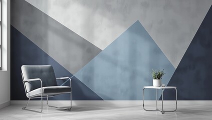 Ideas of living room blue Geometric Wall Art Paint Design color full style on wooden floor.3D rendering