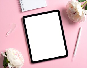 Tablet mockup, blooms, notepad & stylus on soft pink ground