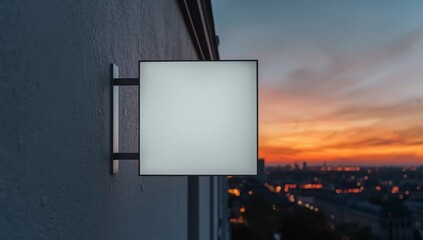 Hanging white square signboard mockup over blur of cityscape on warm light sundown, 3D rendering