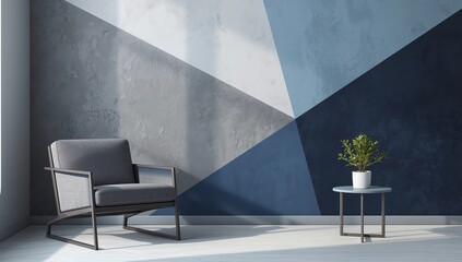 Ideas of living room blue Geometric Wall Art Paint Design color full style on wooden floor.3D rendering