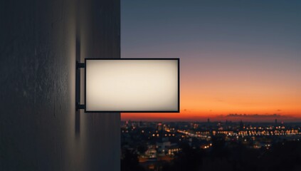 Hanging white square signboard mockup over blur of cityscape on warm light sundown, 3D rendering