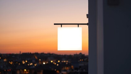 Hanging white square signboard mockup over blur of cityscape on warm light sundown, 3D rendering