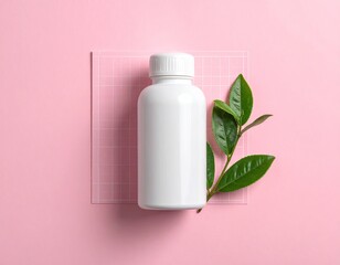 White bottle with green leaves on pink, grid background