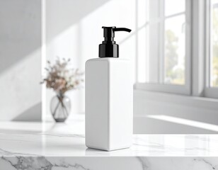 White soap dispenser against sunlit, marble countertop