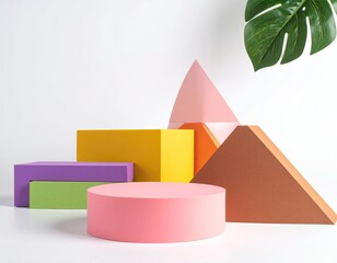 Colorful geometric shapes & monstera leaf against white