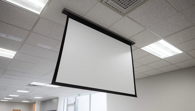 interior image showing a tilted white projection screen suspended from the ceiling of an office