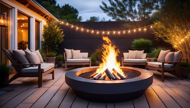 contemporary fire pit close up with warm flames minimalist seating and soft string lights m cozy outdoor evening ambience for patio garden party or modern backyard decor background - Powered by Adobe