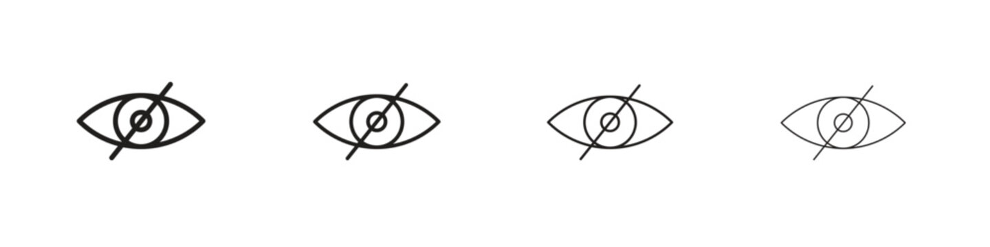 Eye crossed icon set. A collection of simple black thin strokes icons