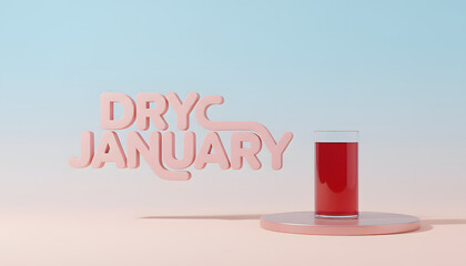 A pastel minimalist Dry January composition featuring soft 3D typography and a tall glass of red non-alcoholic drink on a podium. Clean gradients create a modern, uplifting wellness mood.