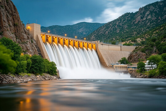 Large hydroelectric power station at night with strong water flow illuminated by warm artificial lighting
