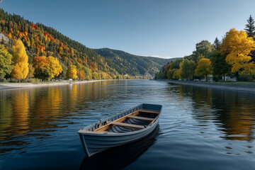 Tranquil autumn landscape featuring colorful trees and a small rowboat on a calm reflective river surface