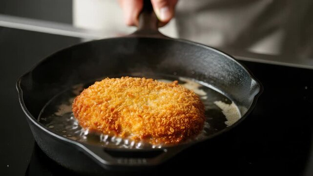 Breaded cutlet being fried in black pan on stove