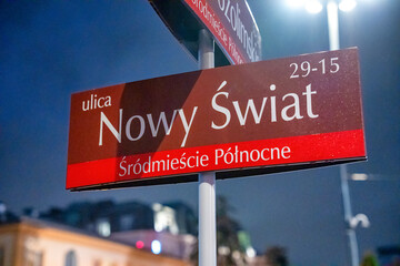 Urban photography of street sign Nowy Świat in Warsaw highlighting city streets