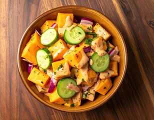 Squash, cucumber & onion salad in a bowl on wooden table