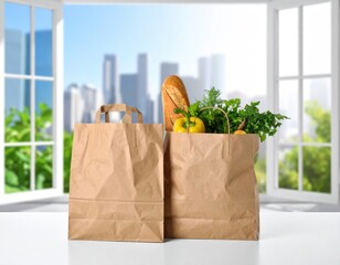 Groceries in bags by bright window with city view
