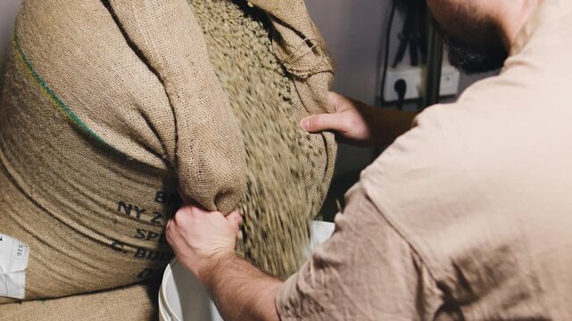 Skilled barista is carefully transferring green coffee beans from a burlap sack into a container at a roasting facility, preparing for the day's activities.