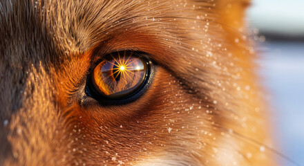 Close up view of a fox's eye with snowflakes in the snowy field during winter afternoon