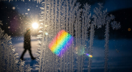 Frosty morning walk with a rainbow reflection through a frozen window