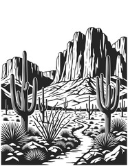 Monochromatic Silhouette Desert Landscape with Cactus and Mountain Range Illustration