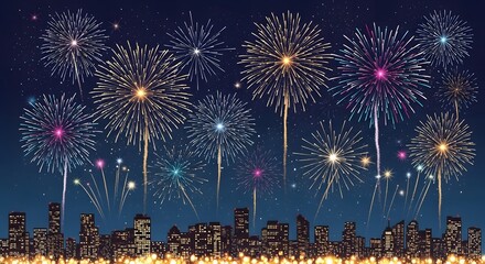 Colorful fireworks illuminate a city skyline at night under starry sky