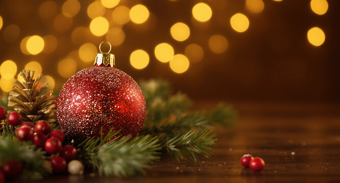 Close-up of a red Christmas ornament on pine branches with festive bokeh lights in the background, creating a warm holiday atmosphere.